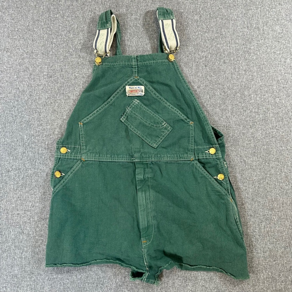 Vintage Carters Watch the Wear Green Denim Overalls Shorts Shortalls USA Womens